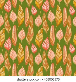 Seamless vector pattern with colored feathers. Hand drawn illustration. Bohemian  style feathers for prints, cards, wrapping,  fabric and other seamless design. Seamless texture of graphic feather.