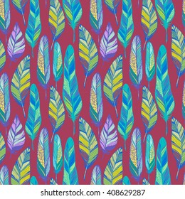 Seamless vector pattern with colored feathers on red. Hand drawn illustration. Bohemian  style feathers for prints,wrapping,  fabric and other seamless design. Seamless texture of graphic feather.