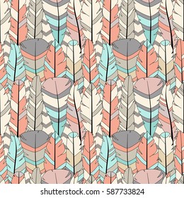 Seamless vector pattern with colored feathers on zigzag background.  Bohemian style feathers for prints,wrapping, fabric and other seamless design. Seamless texture.