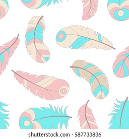 Seamless vector pattern with colored feathers on white.Bohemian style feathers for prints,wrapping, fabric and other seamless design. Seamless texture.