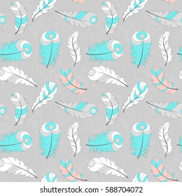 Seamless vector pattern with colored feathers on wavy background. Hand drawn illustration. Bohemian style feathers for prints,wrapping, fabric and other seamless design. 