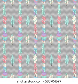 Seamless vector pattern with colored feathers on zigzag. Hand drawn illustration. Bohemian style feathers for prints,wrapping, fabric and other seamless design. Seamless texture of graphic feather.