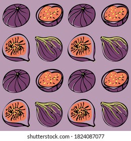 Seamless vector pattern of colored figs on a purple isolated background. For fabric, cover, and background.