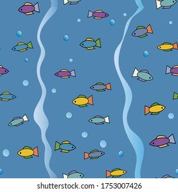 Seamless vector pattern of colored fish swimming in different directions. For paper, cover, fabric, gift wrap, wall art, home decor. Simple surface design