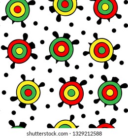 Seamless vector pattern. Colored funny turtles rastaman among black dots. Isolated on a transparent background.