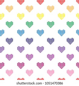Seamless vector pattern with colored hearts on a white background.