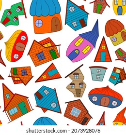 Seamless vector pattern of colored houses in the style of a doodle on a white background.