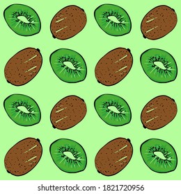 Seamless vector pattern of colored kiwi on a green isolated background. For fabric, cover, and background.