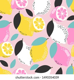 Seamless vector pattern with colored lemons on a pink background. Citrus fruit.