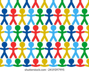 Seamless vector pattern of colored little men. Autism day awareness concept or just children holidays, packaging, backgrounds. Design for card, poster, coves, textile, fabric, gift paper.