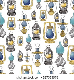 Seamless vector pattern. Colored magic vintage lamps pattern on the white background.