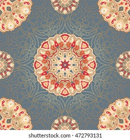 Seamless vector pattern with colored mandalas. Eastern bright ornament with gold outline.