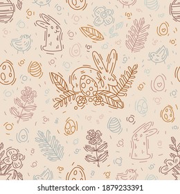 Seamless vector pattern from colored outlines for Easter. Hand drawn doodle illustration with hares, chickens, eggs and plants