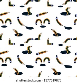 Seamless vector pattern with colored pencils and black holes. cheerful children's ornament on a white background