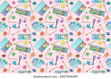 Seamless vector pattern with colored pencils, paint palettes, brushes, and fall leaves. Perfect for back-to-school designs.