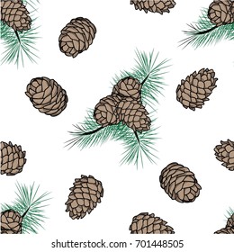 Seamless vector pattern. Colored pine tree branches and cones pattern on the white background.