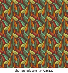 seamless vector pattern with colored pods of beans on brown background