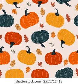 Seamless vector pattern with colored pumpkins and leaves. Bright autumn design