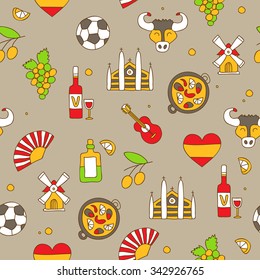 Seamless vector pattern of colored Spanish icons on gray background, hand-drawn.