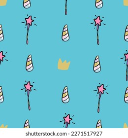 Seamless vector pattern with colored stars of various sizes and magic wand. Childish background for postcards, wallpaper, papers, textiles