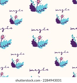 Seamless vector pattern with colored stars of various sizes and magic wand. Childish background for postcards, wallpaper, papers, textiles,