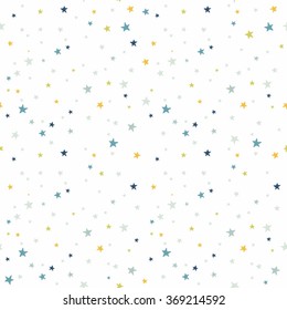 Seamless vector pattern with colored stars of various sizes on white background. Childish background for postcards, wallpaper, papers, textiles, bed linen, tissue 2.2