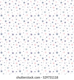 Seamless vector pattern with colored stars of various sizes on white background.