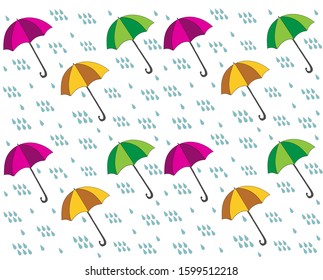 Seamless vector pattern with colored umbrella and rain drops