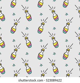 Seamless vector pattern with colored unicorn milk in bottles  and stars. Childish background for postcards, wallpaper, papers, textiles.
