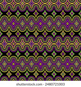 Seamless vector pattern with colored waves. Dark festive background for mardi gras