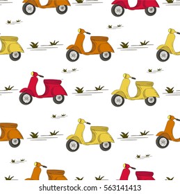 Seamless vector pattern. Colored yellow, red and orange vintage scooters pattern on the white background.