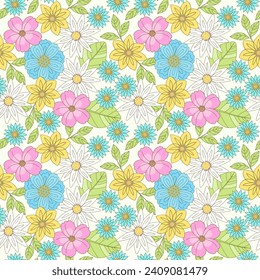 Seamless vector pattern of colorful abstract flowers, spring floral background, design for fabric, textile, wallpaper, web background, wrapping paper
