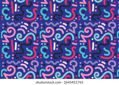Seamless vector pattern with colorful abstract doodle shapes on a bright yellow background. Fun, playful design ideal for wrapping paper, fabric, wallpaper, and creative projects.
