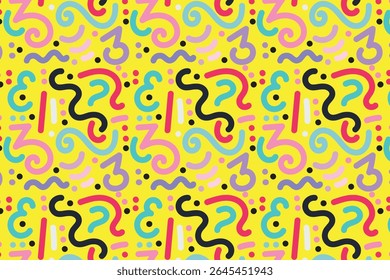 Seamless vector pattern with colorful abstract doodle shapes on a bright yellow background. Fun, playful design ideal for wrapping paper, fabric, wallpaper, and creative projects.