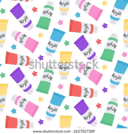 Seamless vector pattern with colorful acrylic paint tubes and stars scattered on white background. Concept of creativity, artistic supplies and painting hobby in playful decorative style