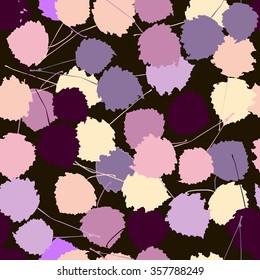 Seamless vector pattern of colorful aspen leaves on a dark brown background with a metallic tint.