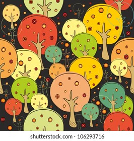 Seamless vector pattern with colorful autumn forest, colorful trees on black background