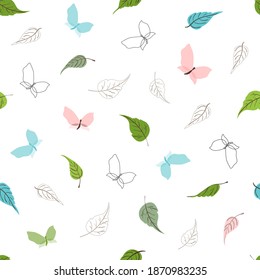 Seamless vector pattern with colorful autumn leaves and butterflies on a white background.