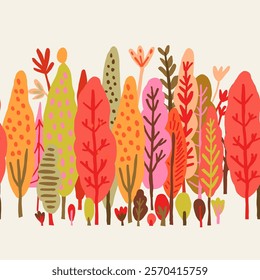 Seamless vector pattern of colorful autumn woods with minimalistic boots, evoking cozy fall vibes. Perfect for seasonal designs, textiles, wallpapers, and wrapping paper with a trendy woodland theme