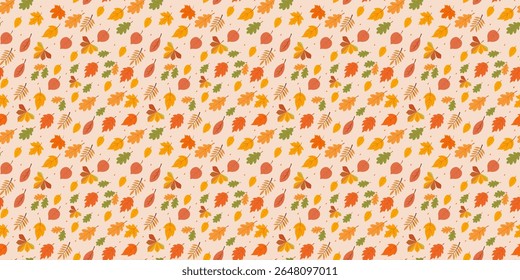 Seamless vector pattern with colorful autumn leaves in flat style. Editable background layer