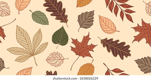 Seamless vector pattern with colorful autumn leaves on beige background in hand drawn style