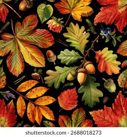 Padrão de vetor sem costura com folhas de outono coloridas isoladas em um fundo mutável. Ilustração estilo pintura vintage.