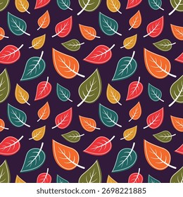 Seamless vector pattern of colorful autumn leaves in orange, red, green, and yellow tones on a dark background. Perfect for fabric, wallpaper, wrapping paper, and seasonal design projects
