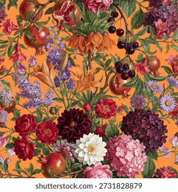 Seamless vector pattern with colorful autumn garden flowers and fruits isolated on a changeable background. Vintage painting style illustration.