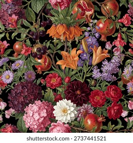 Seamless vector pattern with colorful autumn garden flowers and fruits isolated on a changeable background. Vintage painting style illustration.
