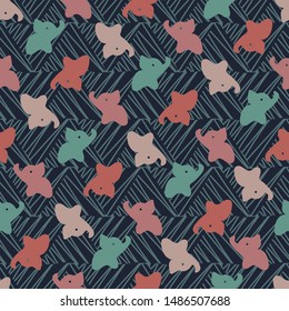 A seamless vector pattern with colorful baby elephants on a dark textured background. Surface print design.