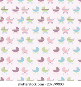 Seamless vector pattern with colorful baby pram (stroller). For cards, invitations, wedding or baby shower albums, backgrounds, arts and scrapbooks. 