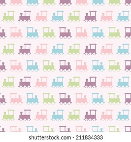 Seamless vector pattern with colorful baby train. For cards, invitations, wedding or baby shower albums, backgrounds, arts and scrapbooks. 