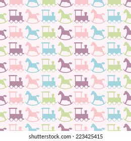Seamless vector pattern with colorful baby train and colorful baby rocking horse. For cards, invitations, wedding or baby shower albums, backgrounds, arts and scrapbooks. 