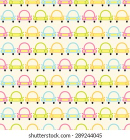 Seamless vector pattern with colorful baby cars. For cards, invitations, wedding or baby shower albums, backgrounds, arts and scrapbooks. 